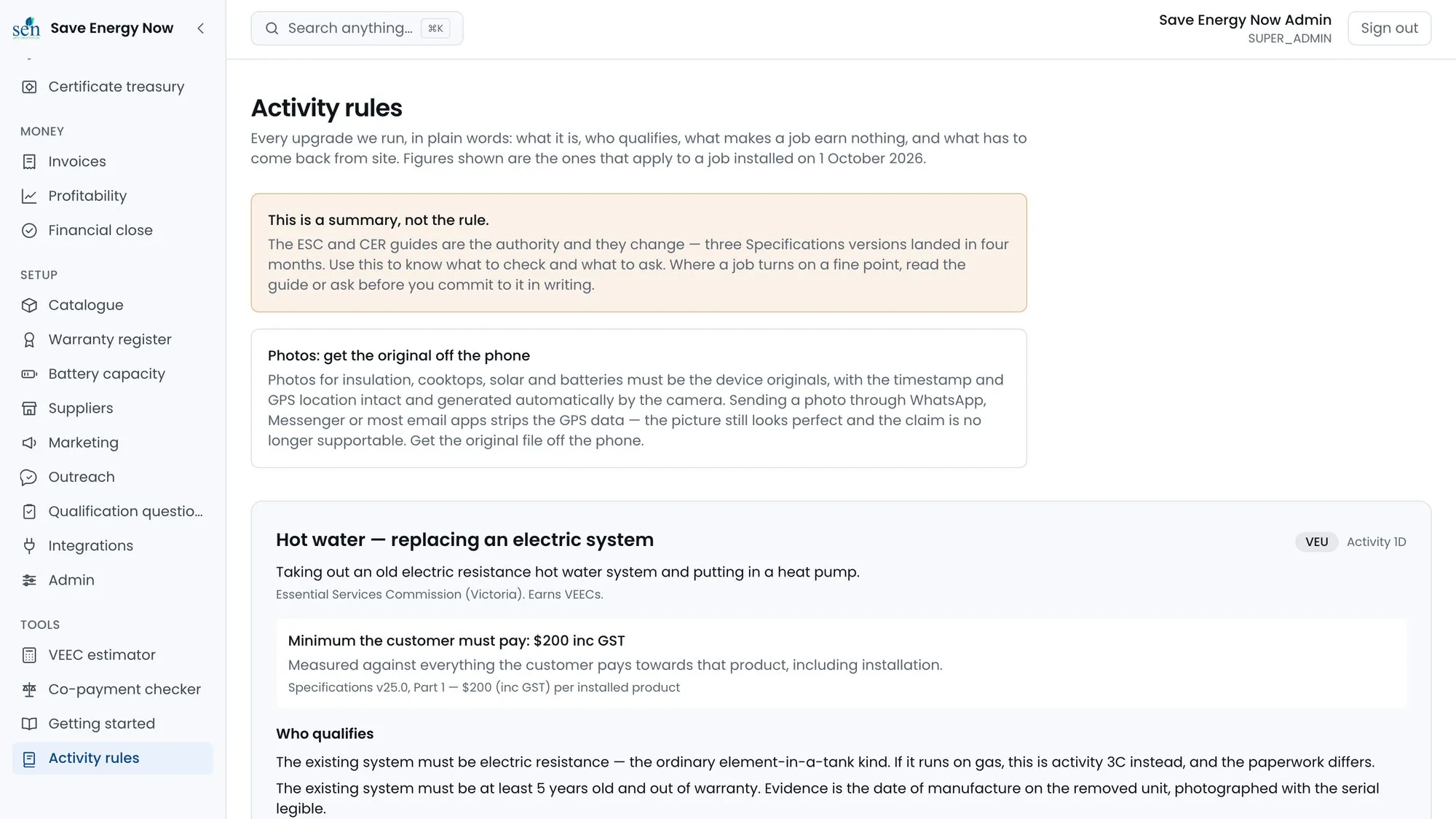 Save Energy Now: Activity rules